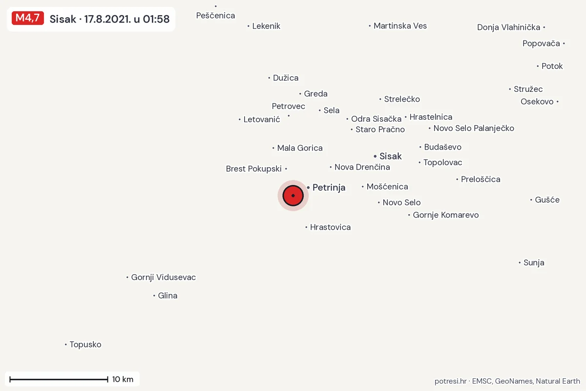 Karta: okolica epicentra, 60 km, potres M4,7, Sisak, 17.8.2021.