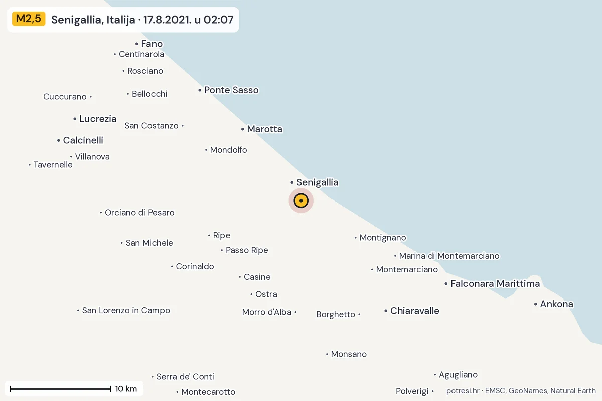 Karta: okolica epicentra, 60 km, potres M2,5, Senigallia, Italija, 17.8.2021.