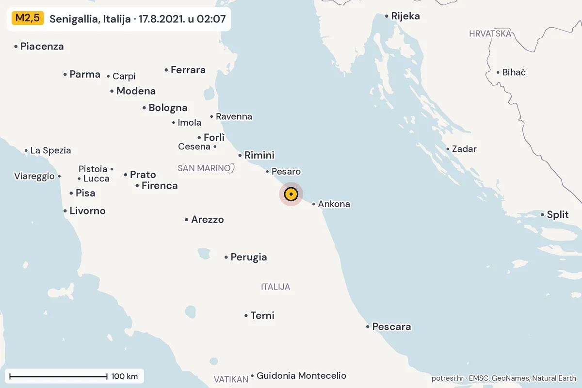 Karta: šire područje, 600 km, potres M2,5, Senigallia, Italija, 17.8.2021.