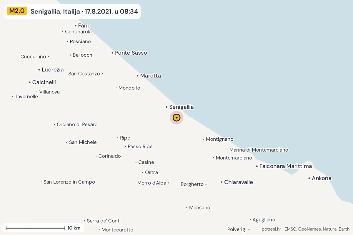Karta: okolica epicentra, 60 km, potres M2,0, Senigallia, Italija, 17.8.2021.