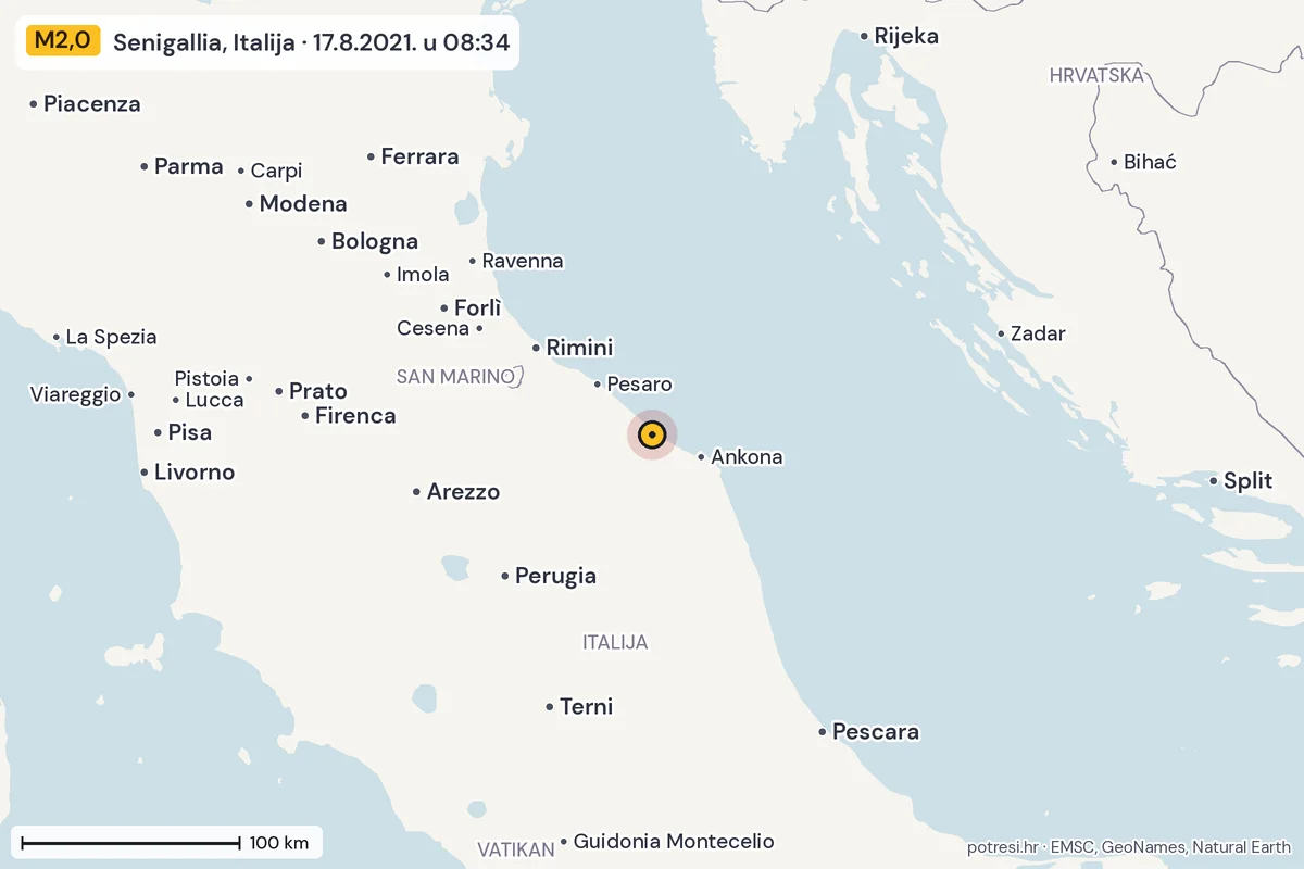 Karta: šire područje, 600 km, potres M2,0, Senigallia, Italija, 17.8.2021.