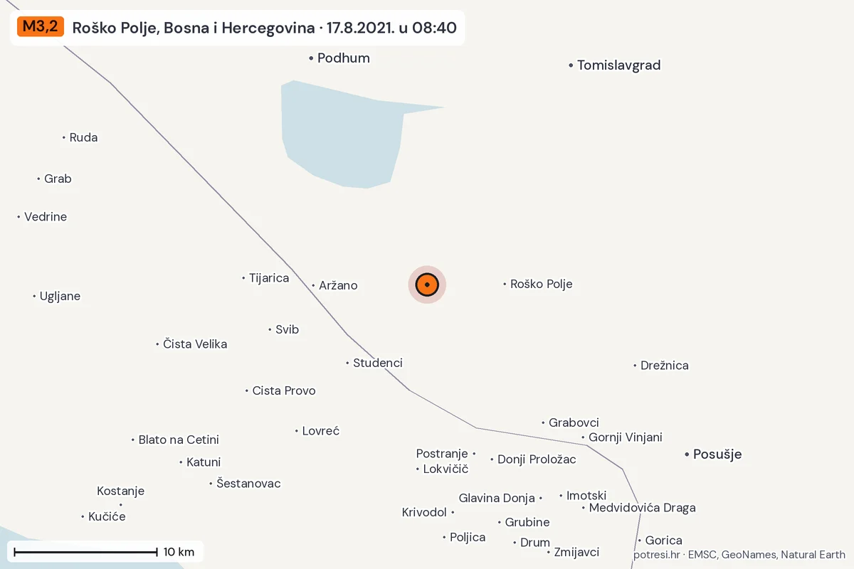 Karta: okolica epicentra, 60 km, potres M3,2, Roško Polje, Bosna i Hercegovina, 17.8.2021.