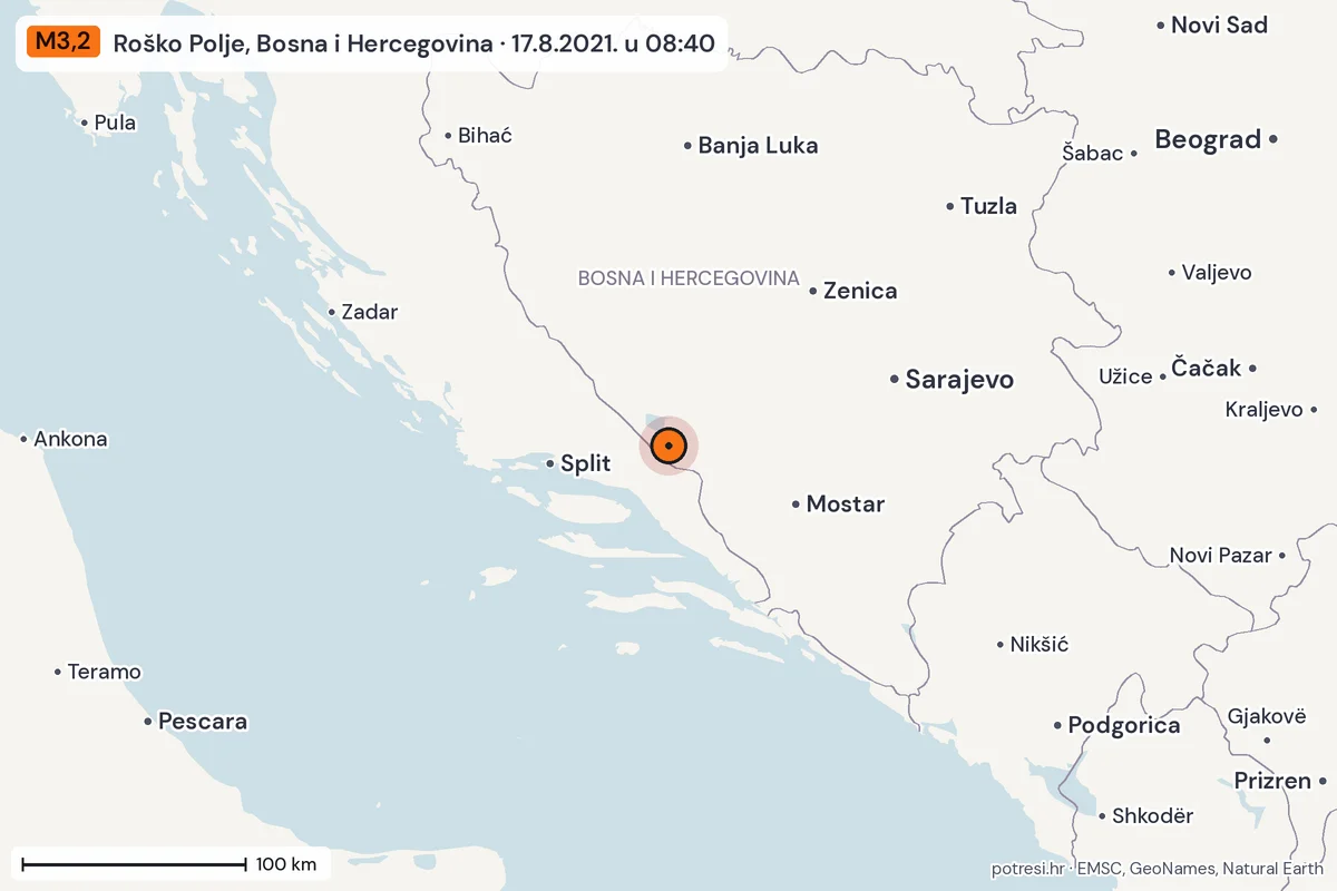 Karta: šire područje, 600 km, potres M3,2, Roško Polje, Bosna i Hercegovina, 17.8.2021.