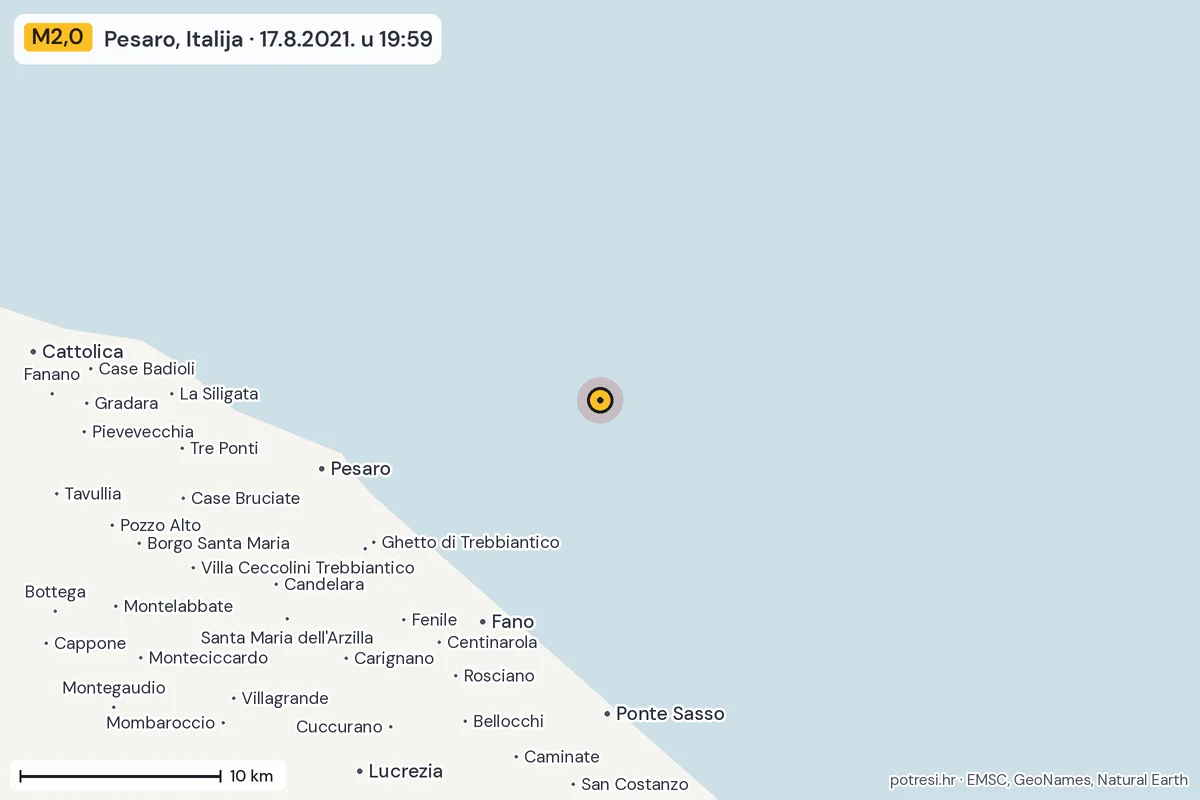 Karta: okolica epicentra, 60 km, potres M2,0, Pesaro, Italija, 17.8.2021.