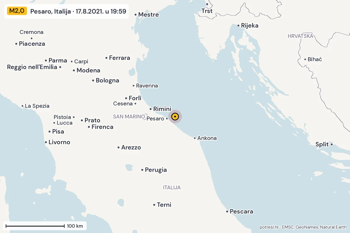 Karta: šire područje, 600 km, potres M2,0, Pesaro, Italija, 17.8.2021.