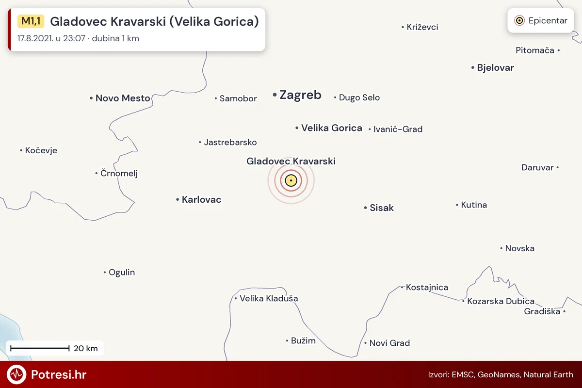 Karta: šire područje i vjerojatni doseg osjeta, potres M1,1, Gladovec Kravarski (Velika Gorica), 17.8.2021.