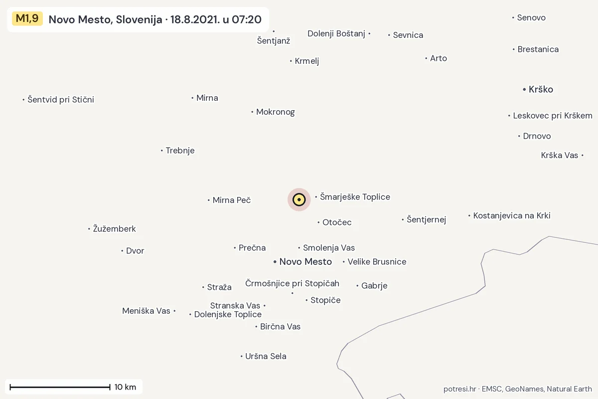 Karta: okolica epicentra, 60 km, potres M1,9, Novo Mesto, Slovenija, 18.8.2021.