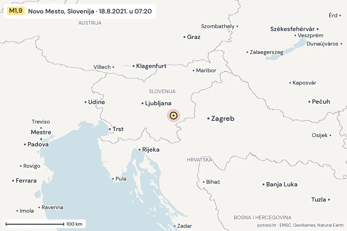 Karta: šire područje, 600 km, potres M1,9, Novo Mesto, Slovenija, 18.8.2021.