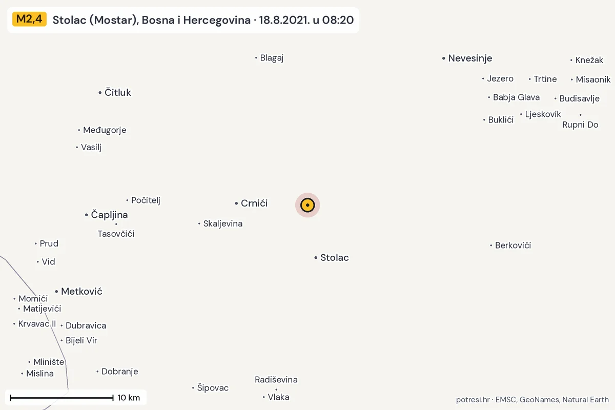 Karta: okolica epicentra, 60 km, potres M2,4, Stolac (Mostar), Bosna i Hercegovina, 18.8.2021.