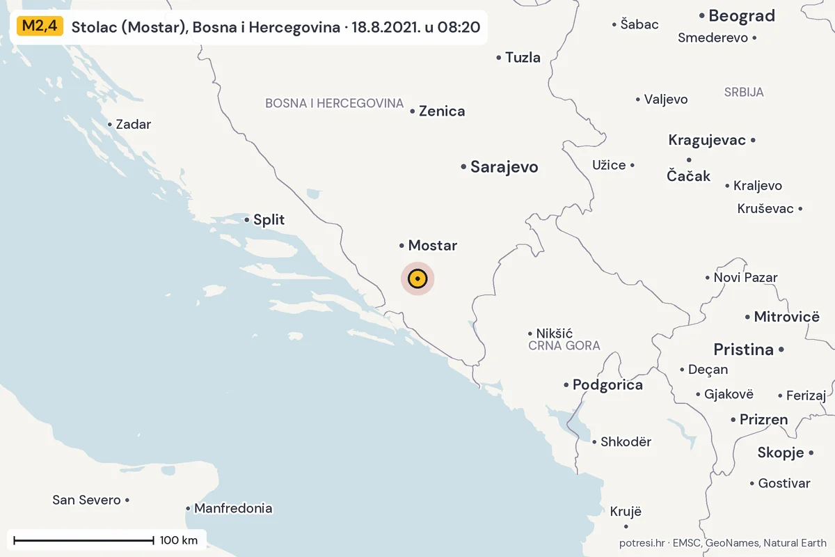 Karta: šire područje, 600 km, potres M2,4, Stolac (Mostar), Bosna i Hercegovina, 18.8.2021.