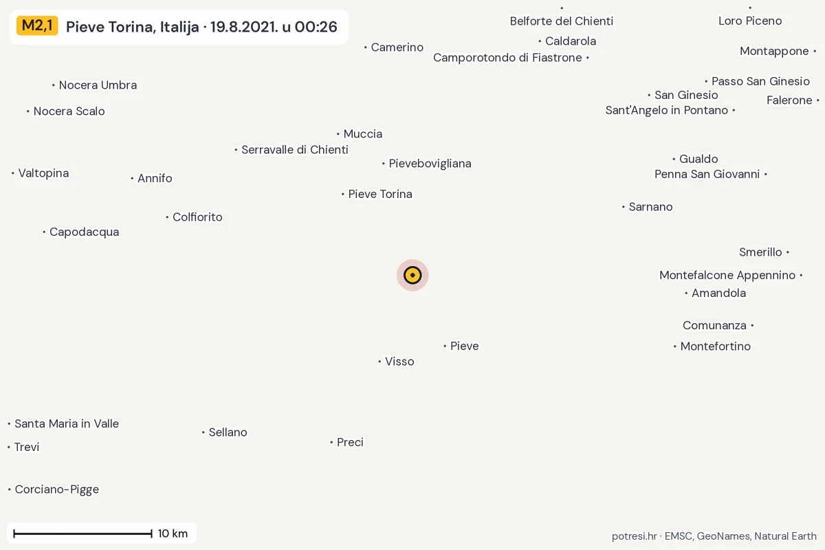 Karta: okolica epicentra, 60 km, potres M2,1, Pieve Torina, Italija, 19.8.2021.