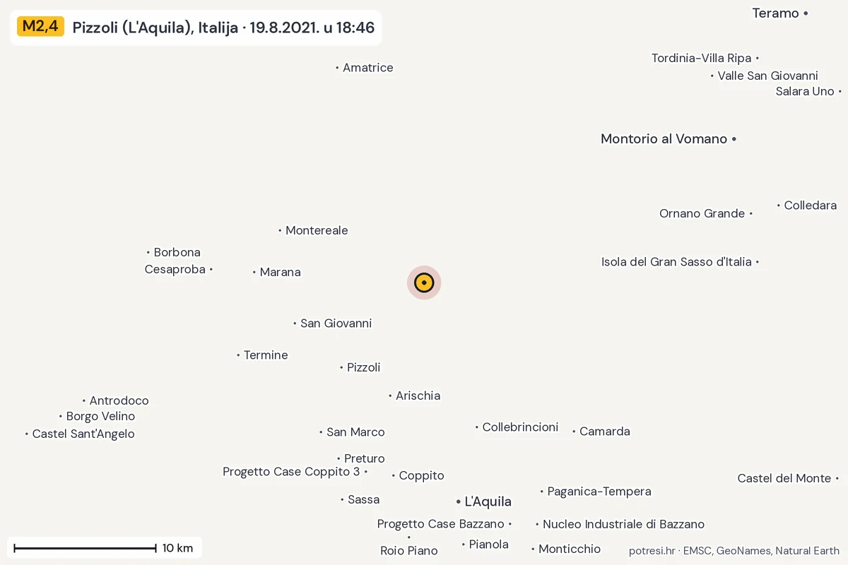 Karta: okolica epicentra, 60 km, potres M2,4, Pizzoli (L'Aquila), Italija, 19.8.2021.