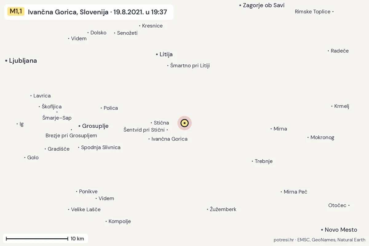 Karta: okolica epicentra, 60 km, potres M1,1, Ivančna Gorica, Slovenija, 19.8.2021.