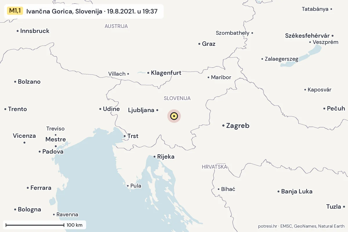 Karta: šire područje, 600 km, potres M1,1, Ivančna Gorica, Slovenija, 19.8.2021.