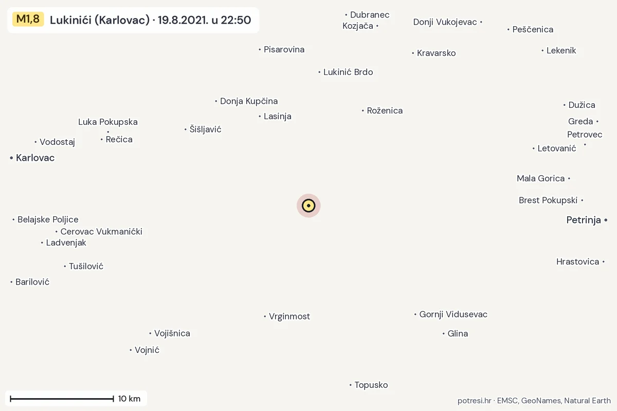 Karta: okolica epicentra, 60 km, potres M1,8, Lukinići (Karlovac), 19.8.2021.