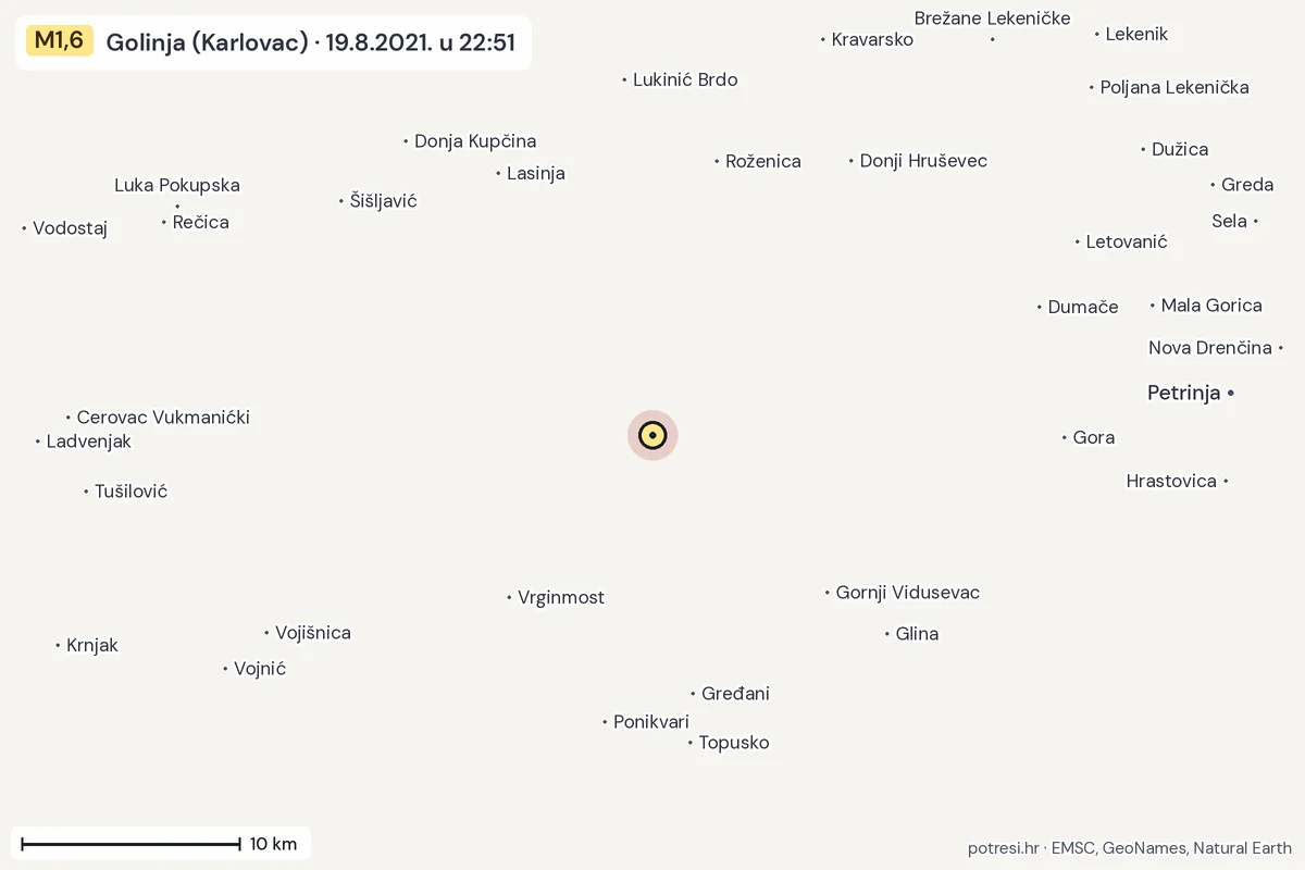 Karta: okolica epicentra, 60 km, potres M1,6, Golinja (Karlovac), 19.8.2021.