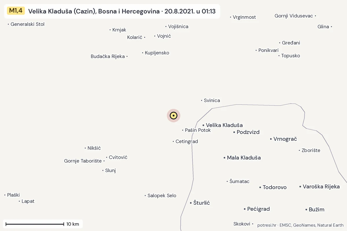 Karta: okolica epicentra, 60 km, potres M1,4, Velika Kladuša (Cazin), Bosna i Hercegovina, 20.8.2021.