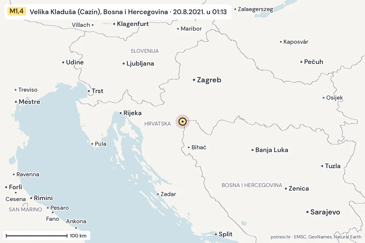 Karta: šire područje, 600 km, potres M1,4, Velika Kladuša (Cazin), Bosna i Hercegovina, 20.8.2021.