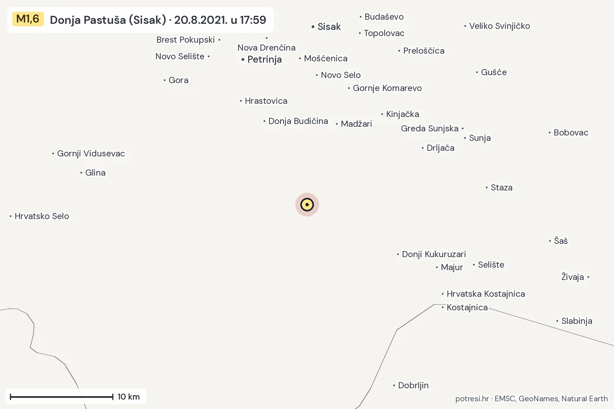 Karta: okolica epicentra, 60 km, potres M1,6, Donja Pastuša (Sisak), 20.8.2021.