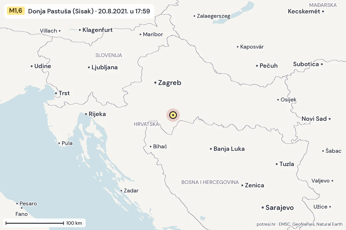 Karta: šire područje, 600 km, potres M1,6, Donja Pastuša (Sisak), 20.8.2021.