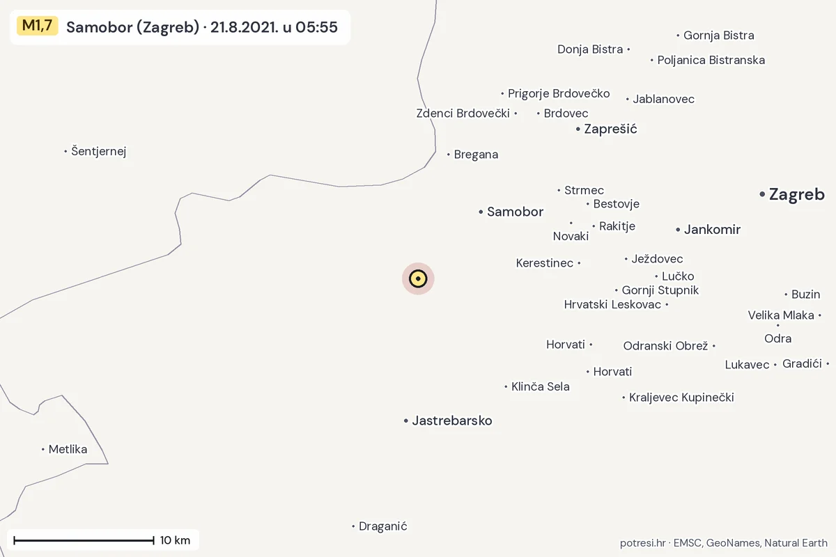 Karta: okolica epicentra, 60 km, potres M1,7, Samobor (Zagreb), 21.8.2021.