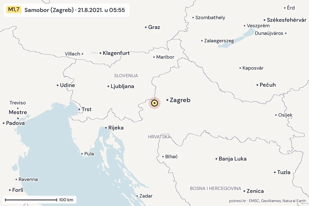 Karta: šire područje, 600 km, potres M1,7, Samobor (Zagreb), 21.8.2021.