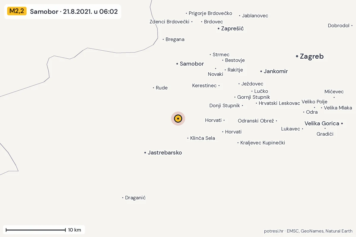 Karta: okolica epicentra, 60 km, potres M2,2, Samobor, 21.8.2021.