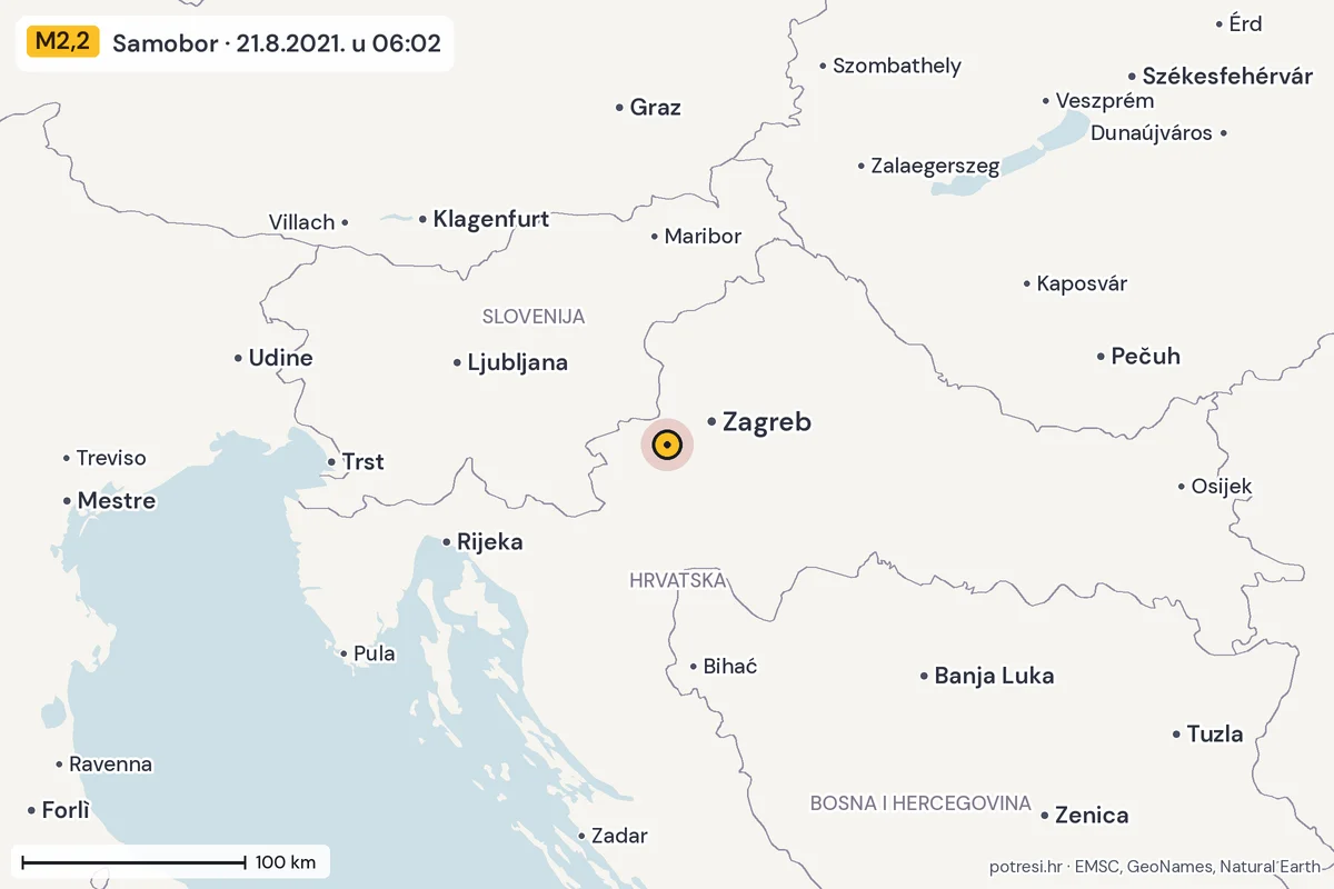 Karta: šire područje, 600 km, potres M2,2, Samobor, 21.8.2021.