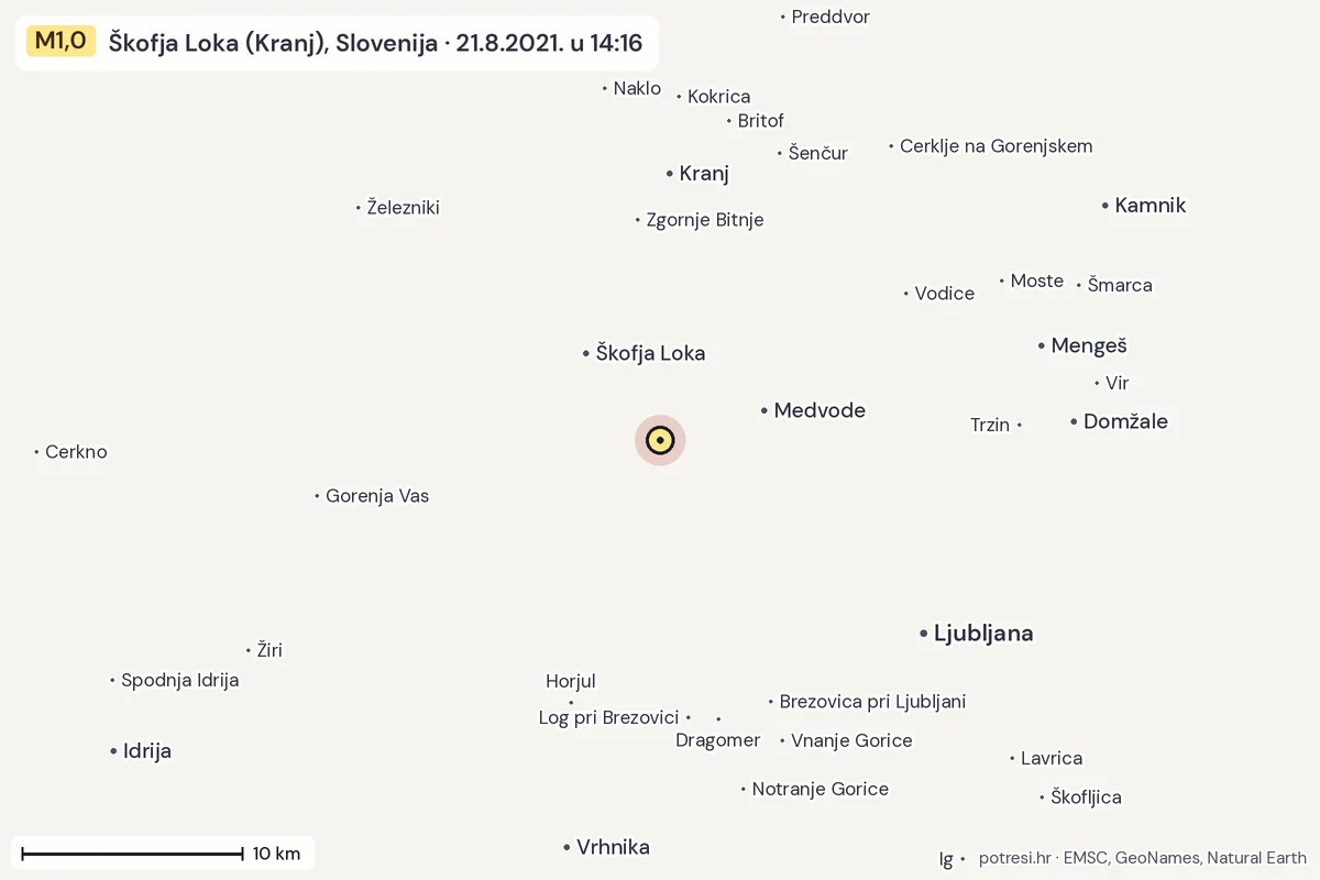 Karta: okolica epicentra, 60 km, potres M1,0, Škofja Loka (Kranj), Slovenija, 21.8.2021.