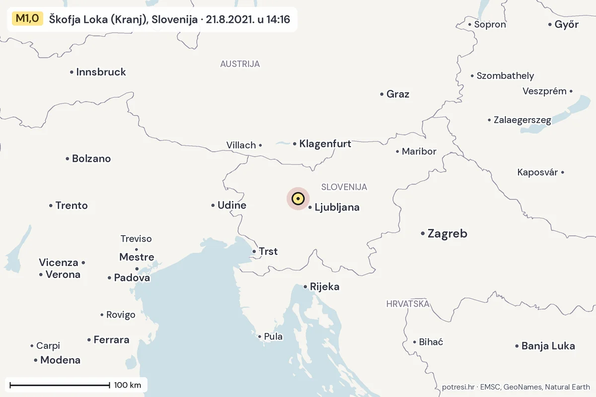 Karta: šire područje, 600 km, potres M1,0, Škofja Loka (Kranj), Slovenija, 21.8.2021.