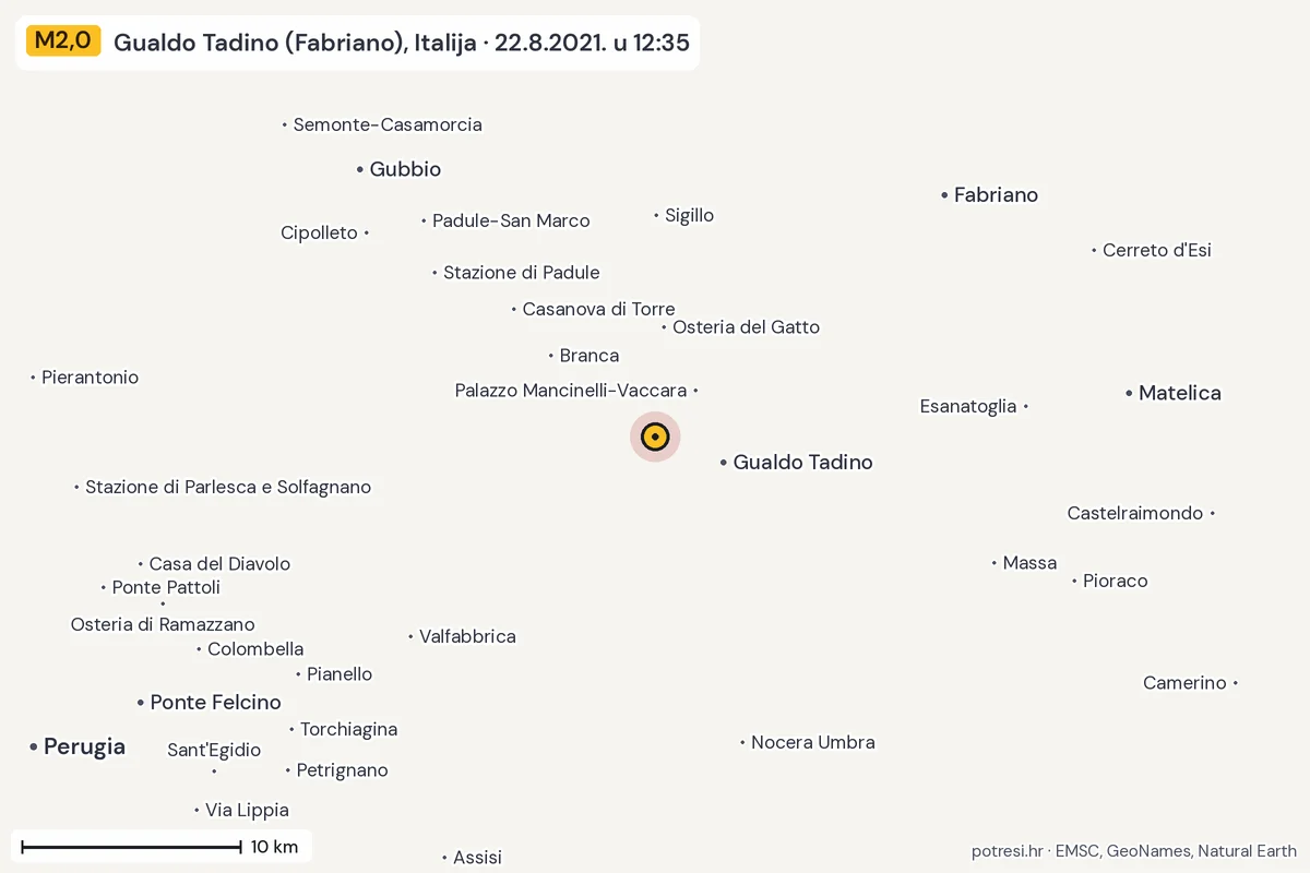 Karta: okolica epicentra, 60 km, potres M2,0, Gualdo Tadino (Fabriano), Italija, 22.8.2021.