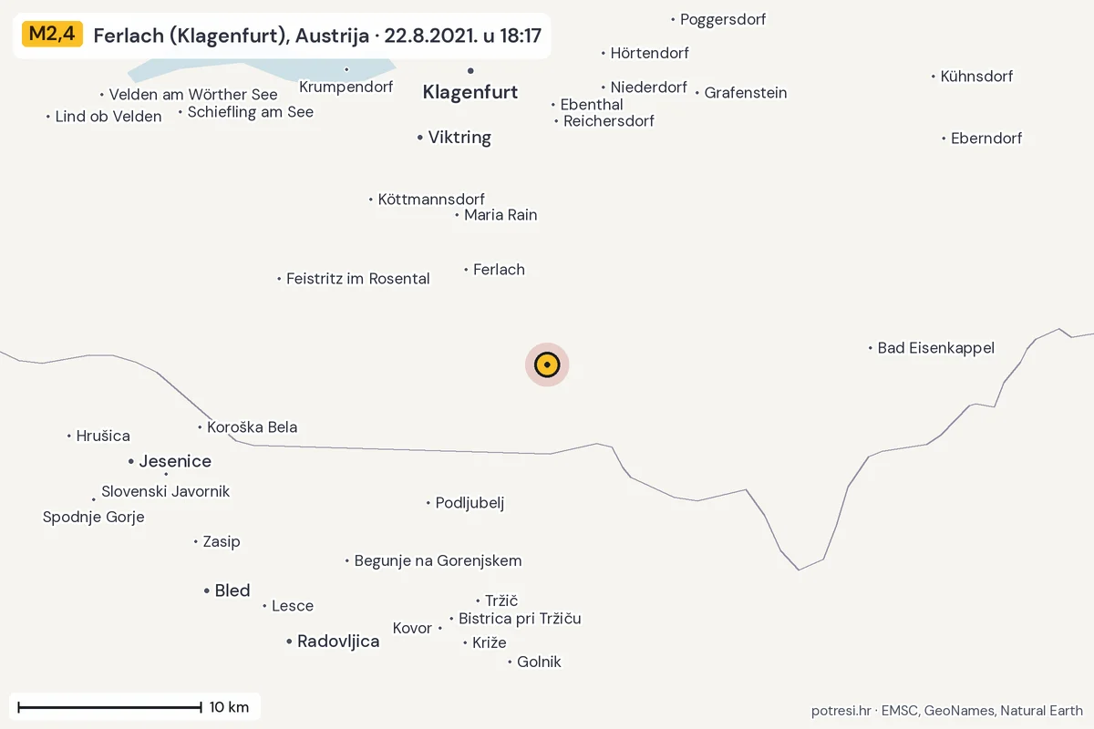 Karta: okolica epicentra, 60 km, potres M2,4, Ferlach (Klagenfurt), Austrija, 22.8.2021.