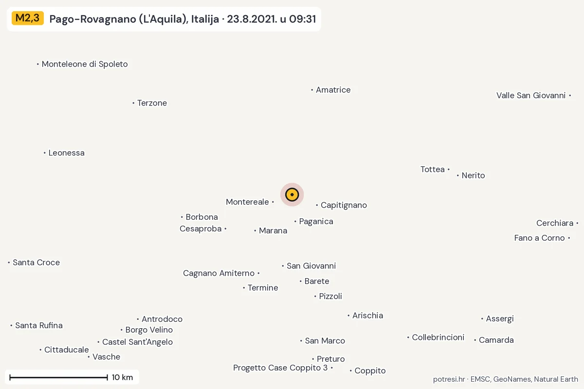 Karta: okolica epicentra, 60 km, potres M2,3, Pago-Rovagnano (L'Aquila), Italija, 23.8.2021.