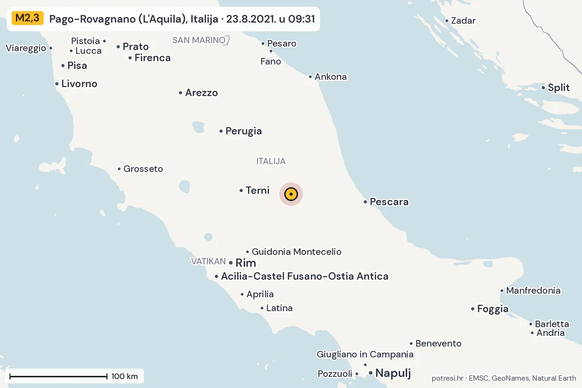 Karta: šire područje, 600 km, potres M2,3, Pago-Rovagnano (L'Aquila), Italija, 23.8.2021.