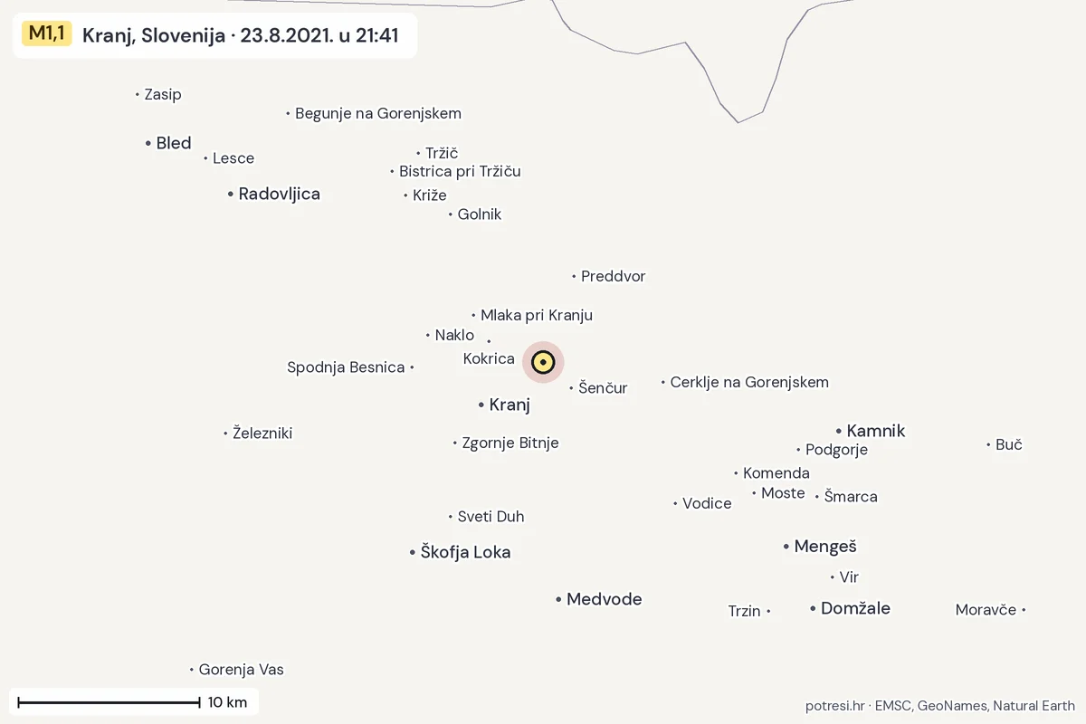 Karta: okolica epicentra, 60 km, potres M1,1, Kranj, Slovenija, 23.8.2021.
