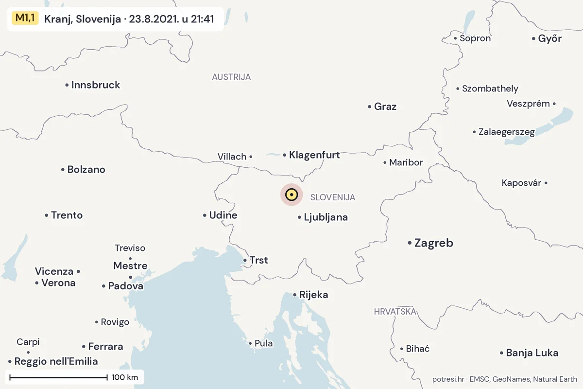 Karta: šire područje, 600 km, potres M1,1, Kranj, Slovenija, 23.8.2021.