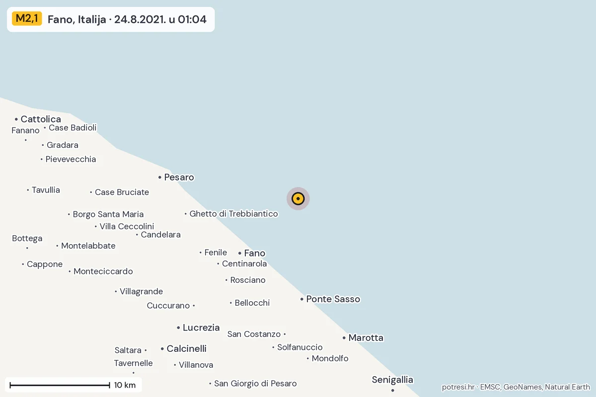 Karta: okolica epicentra, 60 km, potres M2,1, Fano, Italija, 24.8.2021.