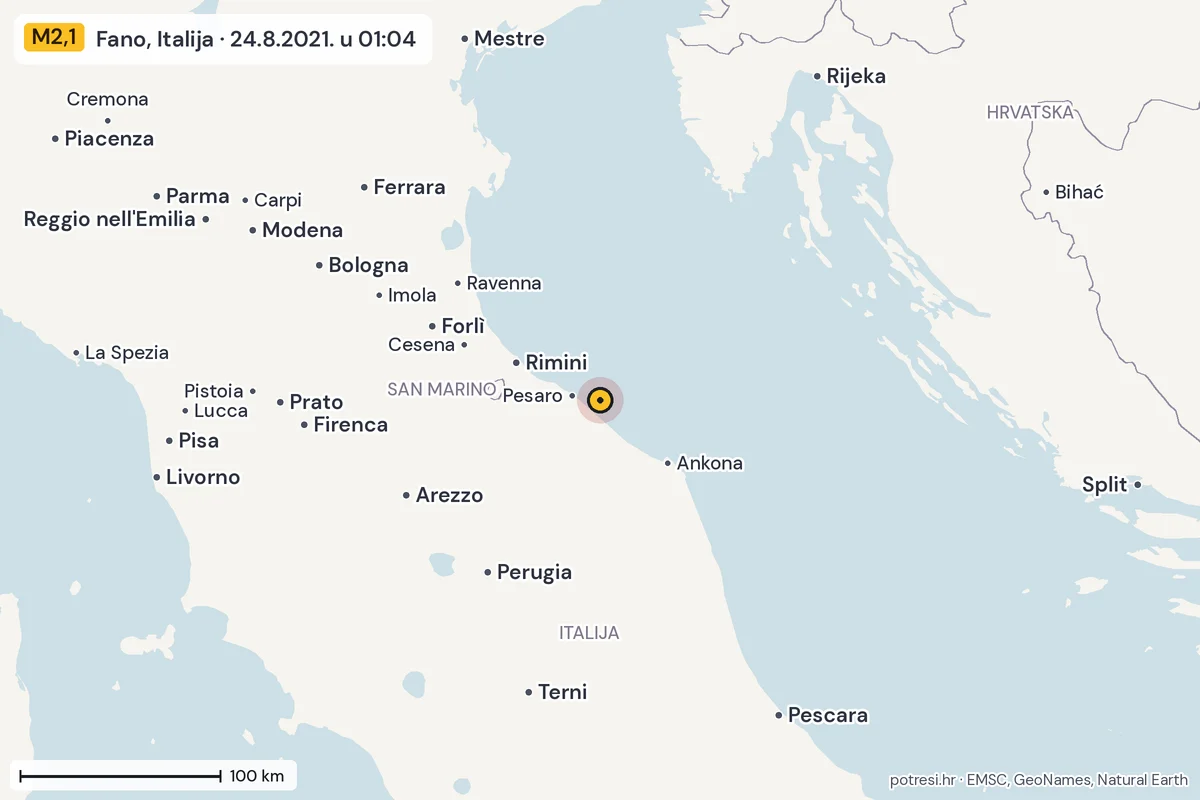 Karta: šire područje, 600 km, potres M2,1, Fano, Italija, 24.8.2021.