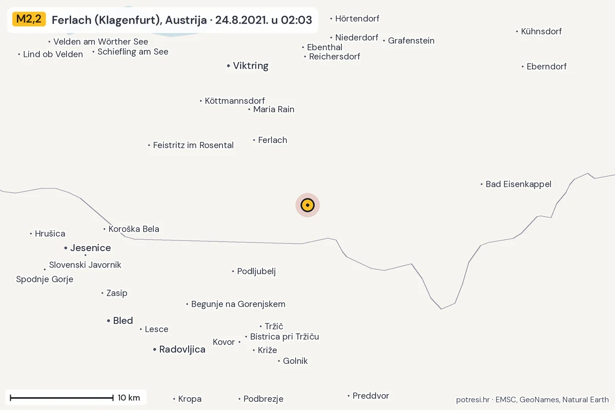 Karta: okolica epicentra, 60 km, potres M2,2, Ferlach (Klagenfurt), Austrija, 24.8.2021.