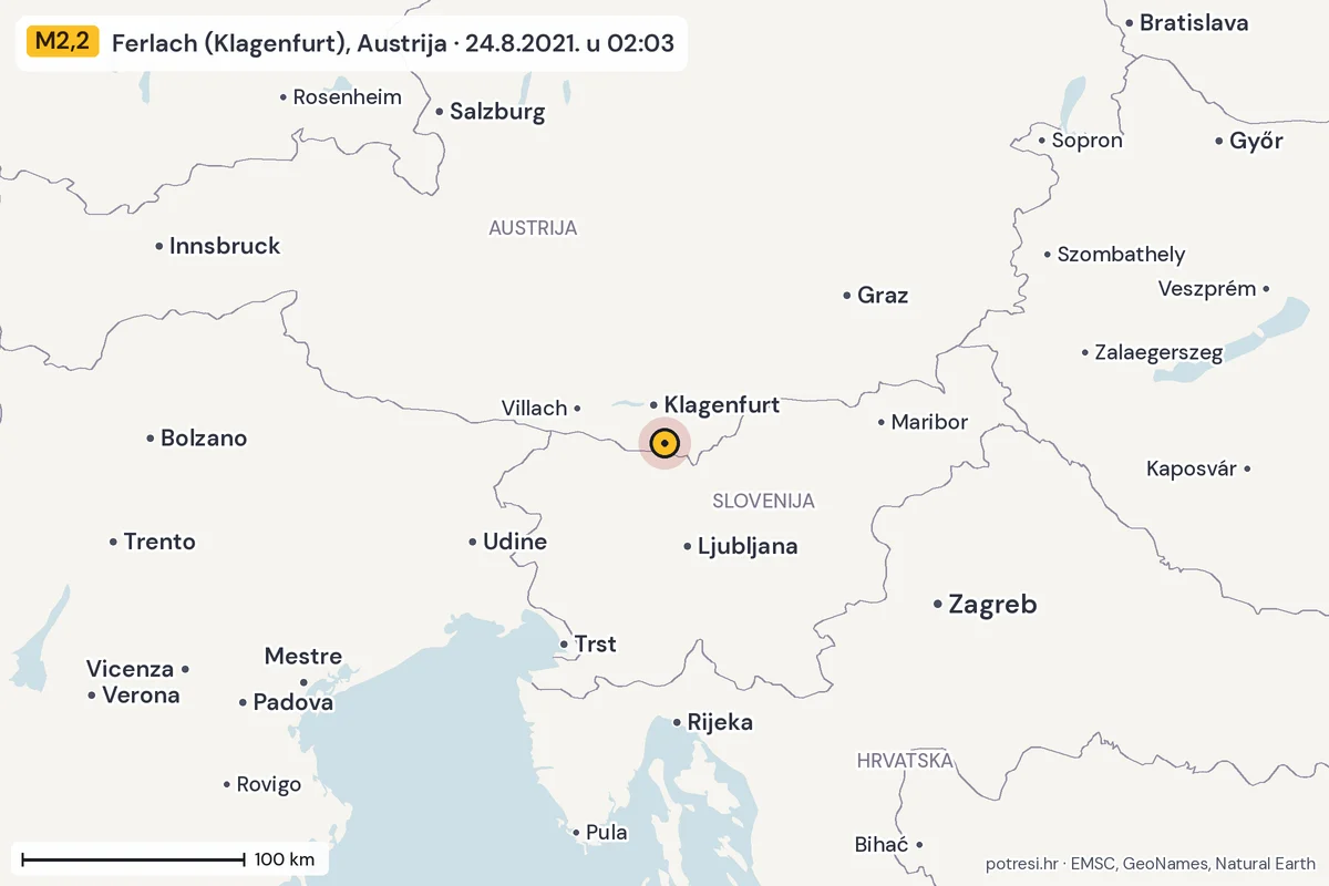 Karta: šire područje, 600 km, potres M2,2, Ferlach (Klagenfurt), Austrija, 24.8.2021.