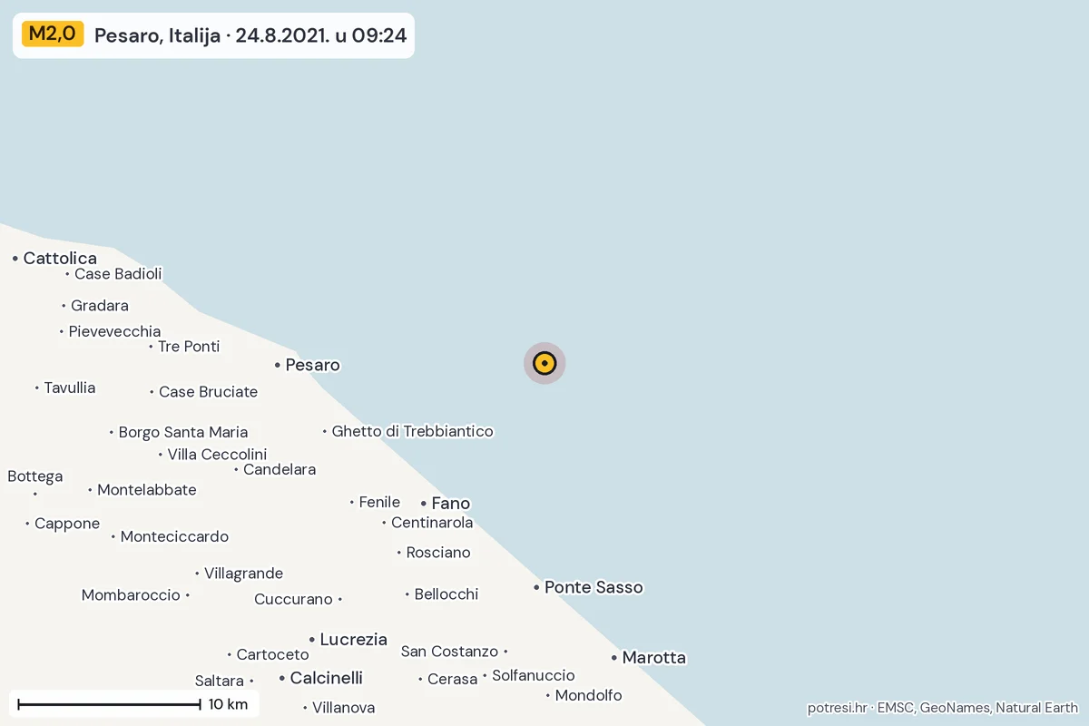 Karta: okolica epicentra, 60 km, potres M2,0, Pesaro, Italija, 24.8.2021.