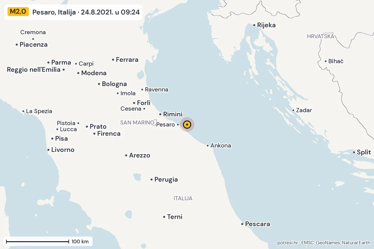Karta: šire područje, 600 km, potres M2,0, Pesaro, Italija, 24.8.2021.