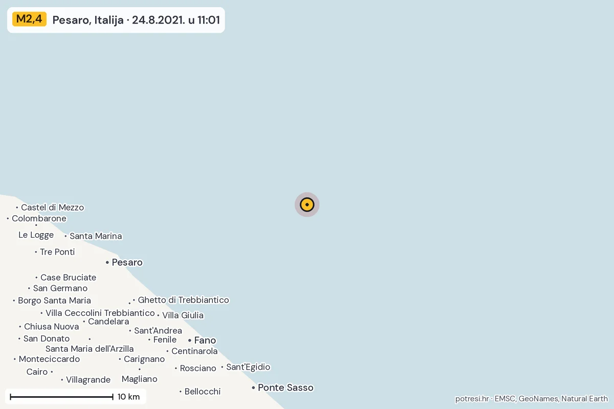 Karta: okolica epicentra, 60 km, potres M2,4, Pesaro, Italija, 24.8.2021.