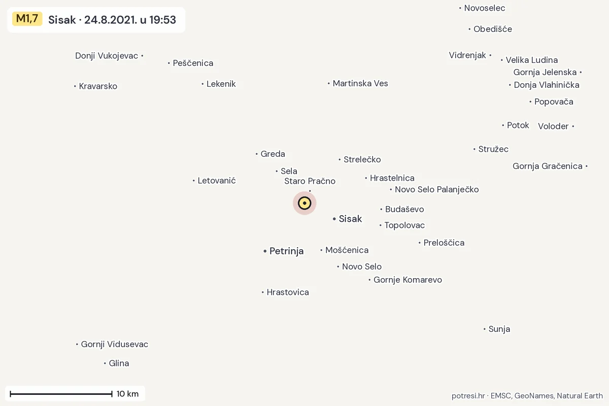 Karta: okolica epicentra, 60 km, potres M1,7, Sisak, 24.8.2021.