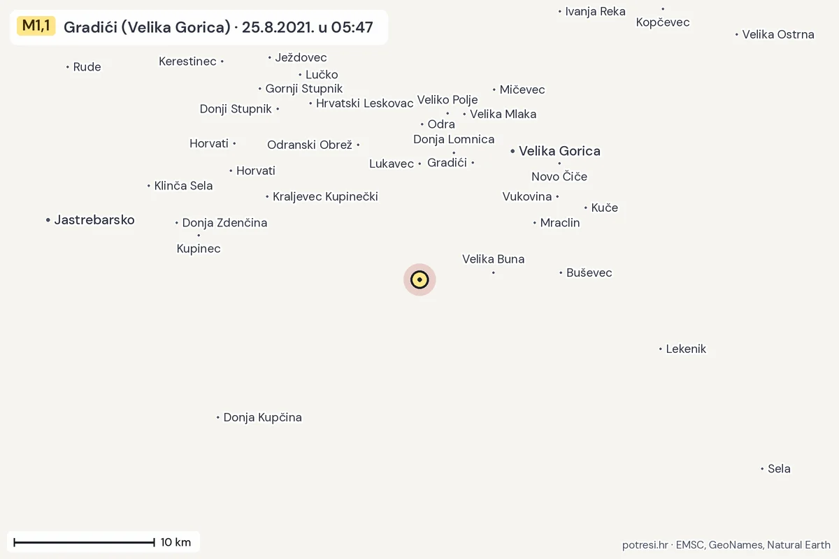 Karta: okolica epicentra, 60 km, potres M1,1, Gradići (Velika Gorica), 25.8.2021.