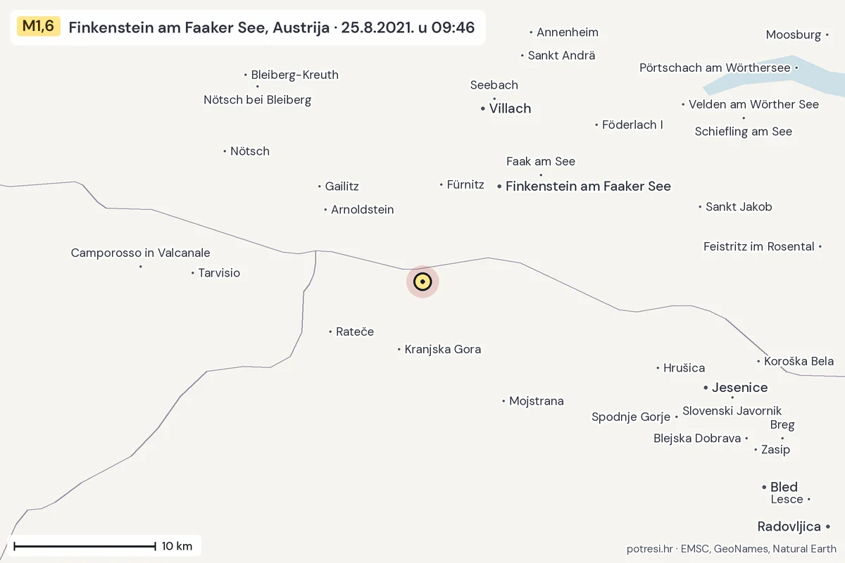 Karta: okolica epicentra, 60 km, potres M1,6, Finkenstein am Faaker See, Austrija, 25.8.2021.