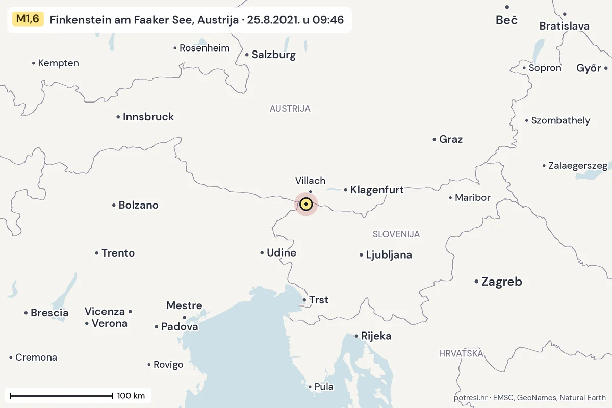 Karta: šire područje, 600 km, potres M1,6, Finkenstein am Faaker See, Austrija, 25.8.2021.