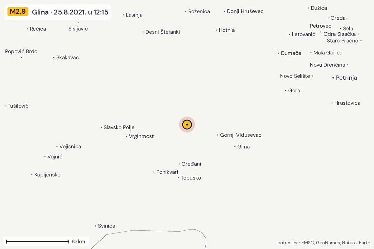 Karta: okolica epicentra, 60 km, potres M2,9, Glina, 25.8.2021.