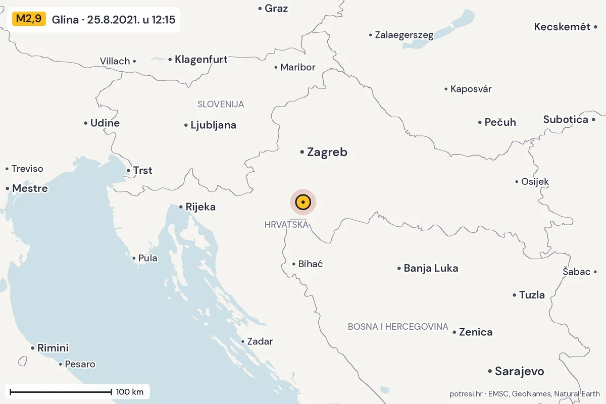 Karta: šire područje, 600 km, potres M2,9, Glina, 25.8.2021.