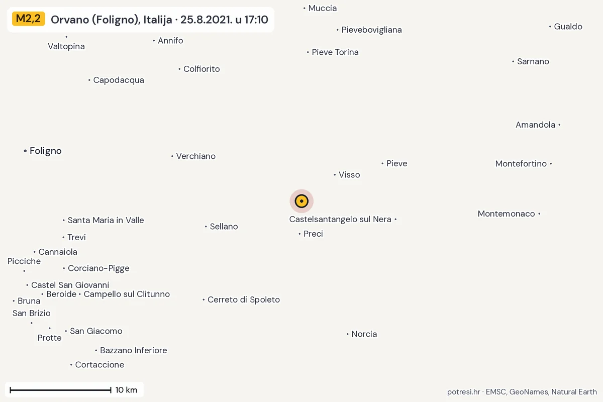 Karta: okolica epicentra, 60 km, potres M2,2, Orvano (Foligno), Italija, 25.8.2021.